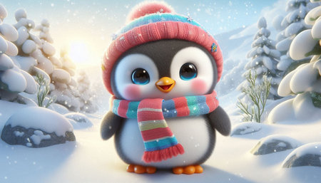 Cute penguin in a winter landscape. 3D illustration.の写真素材