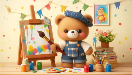 Teddy bear painting a picture on easel, children's creativityの写真素材