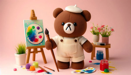 Teddy bear with easel and paints on a pink background.の写真素材