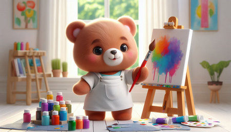 Cute teddy bear with paints and brushes on table in roomの写真素材
