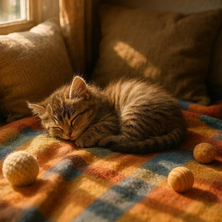 Cute tabby kitten sleeping on plaid blanket and looking out the window