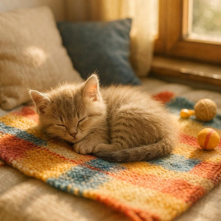 Cute little kitten sleeps on a plaid with balls of yarn.