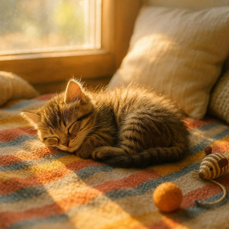Cute tabby kitten sleeping on the window sill at home.