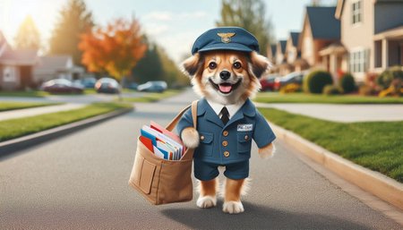 Puppy of corgi dog in police uniform with a bag of books on the street