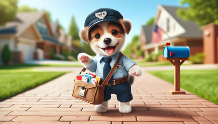 Cute dog in police uniform with mailbox and mail box on streetの写真素材