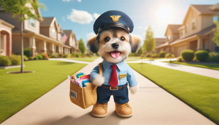 Cute dog pilot in uniform with briefcase in front of new houseの写真素材