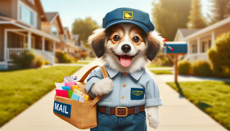 Cute dog courier in uniform delivering food to the door of his homeの写真素材