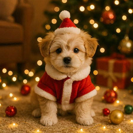 Cute little puppy in Santa Claus clothes with Christmas tree on backgroundの写真素材
