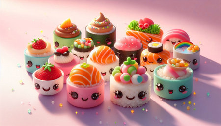 Fancy cupcakes decorated with funny faces and rainbow on pink background