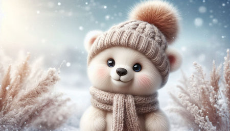 Cute teddy bear in knitted hat and scarf on snowy backgroundの写真素材