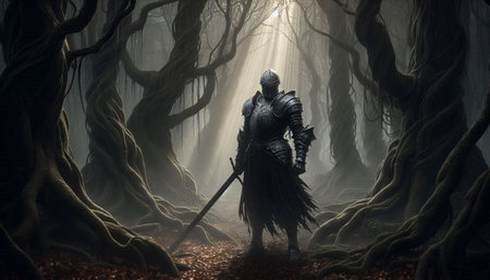 Medieval knight in the dark forest. 3D rendering. Fantasy.の写真素材