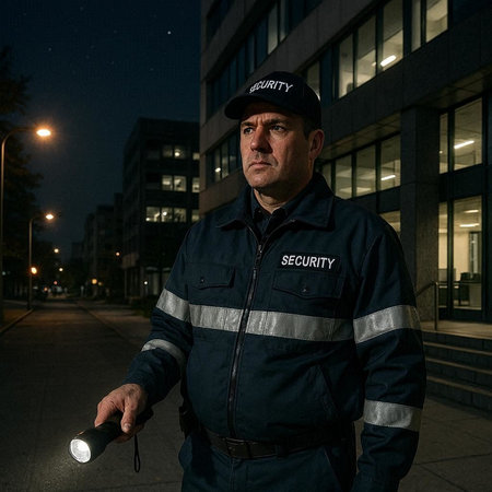 Police officer holding a flashlight in front of the building at night.