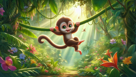 monkey in the jungle - 3d illustration for children, nature backgroundの写真素材
