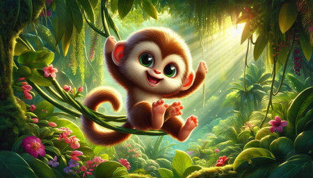 Cute monkey in the jungle. 3D illustration. Cartoon style.の写真素材