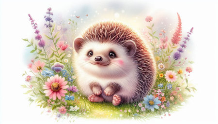 Cute hedgehog sitting on a meadow with flowers. Watercolor illustration.の写真素材