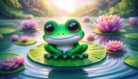 Frog in the pond with lotus flower background, Thailand.