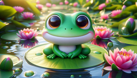 Frog sitting on lotus leaf with lotus flower background.