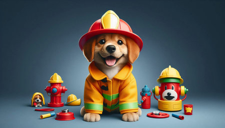 Cute cartoon dog in a yellow raincoat with a fireman's equipmentの写真素材