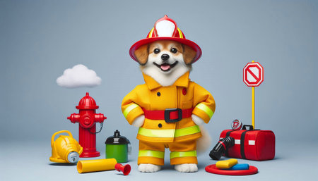 Cute dog in a firefighter suit with fire extinguisher and other equipment.
