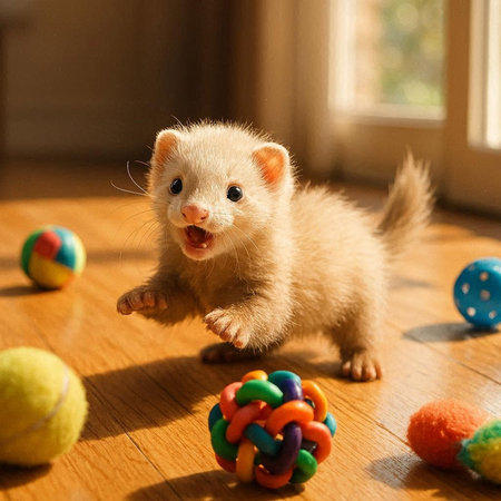 Cute ferret sitting on the floor and playing with balls.