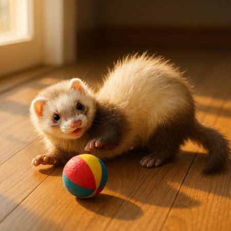 Ferret on a wooden floor with a ball in the background.