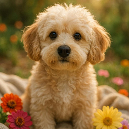 Cute puppy of poodle sitting on the grass with flowers.