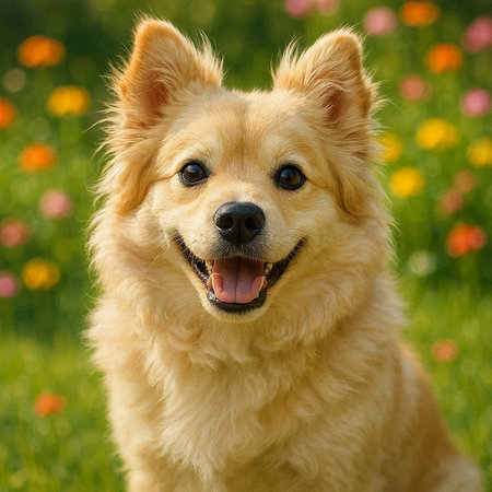 Portrait of a dog on a background of green grass and flowersの写真素材