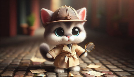 Cute kitten with hat and magnifying glass on the street.の写真素材