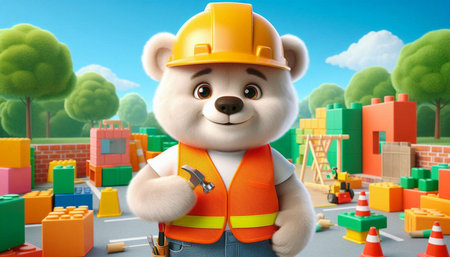 3D illustration of a cute cartoon bear as a construction worker with construction equipment
