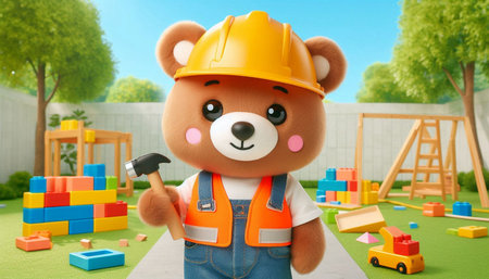 Cute teddy bear with a hammer on the background of a construction site