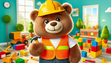 Teddy bear in a construction helmet with a hammer in his hand.