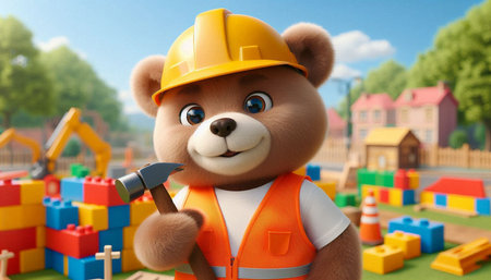 Teddy bear in a construction helmet with an ax on a construction site
