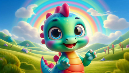 Cute cartoon dinosaur with rainbow in the background - 3d illustration