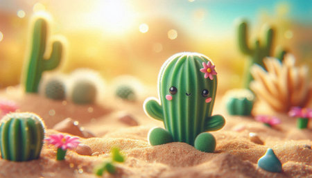 Cactus in the desert, 3d rendering. Computer digital drawing.