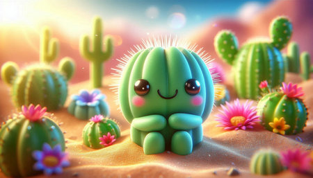 Cactus in desert. 3d illustration. Colorful background.