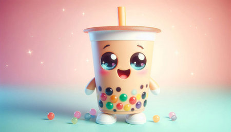 Funny plastic cup of coffee with a smiley face and colorful candies