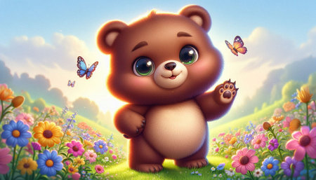 cute cartoon bear in the meadow with flowers - 3d illustrationの写真素材