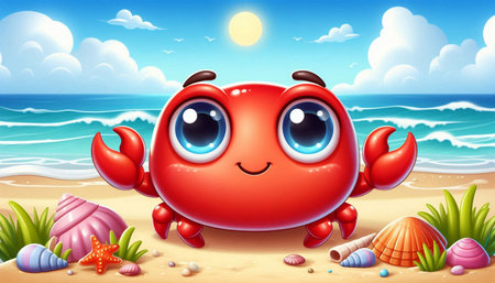Illustration of a smiling crab on the beach with seashellsの写真素材