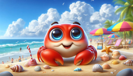 Cute crab on the sandy beach. 3d render illustration.の写真素材