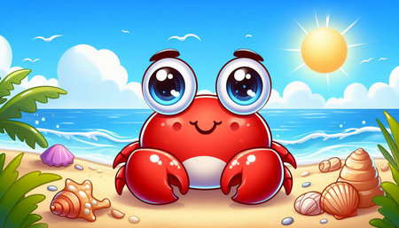 Illustration of a cute crab on the beach with a sunny backgroundの写真素材
