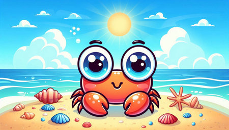 Vector illustration of Cute cartoon crab on the beach under the sunの写真素材