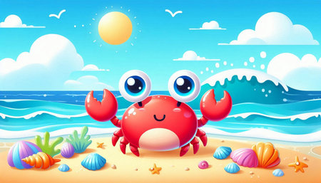 Cute crab on the beach. Cartoon vector illustration for kids.の写真素材