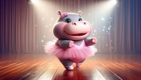 Cute hippo in ballet tutu dancing on stage with spotlightsの写真素材