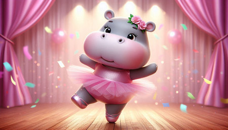 Cute hippo in ballet tutu dancing in the stage with confettiの写真素材