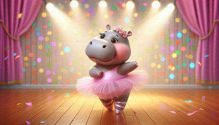 Cute hippo in ballet tutu with confetti on stageの写真素材