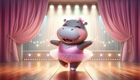 Cute hippo in pink tutu dancing on stage with spotlightsの写真素材