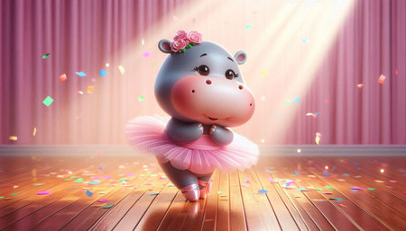 Cute hippo in ballet tutu with confetti on stageの写真素材