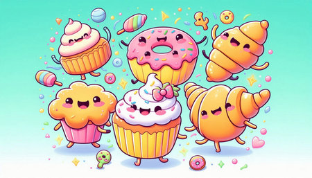 Cute cartoon vector illustration of cupcakes and croissants charactersの写真素材