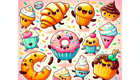 Cute seamless pattern with cartoon cakes and cupcakes. Vector illustration.の写真素材