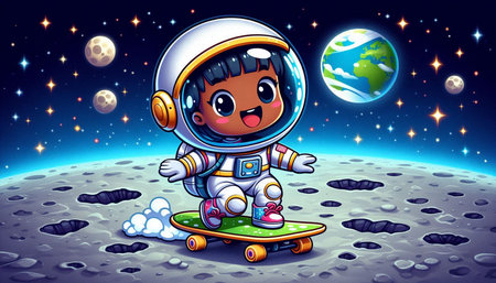 Vector illustration of Cute astronaut boy riding skateboard on the moonの写真素材
